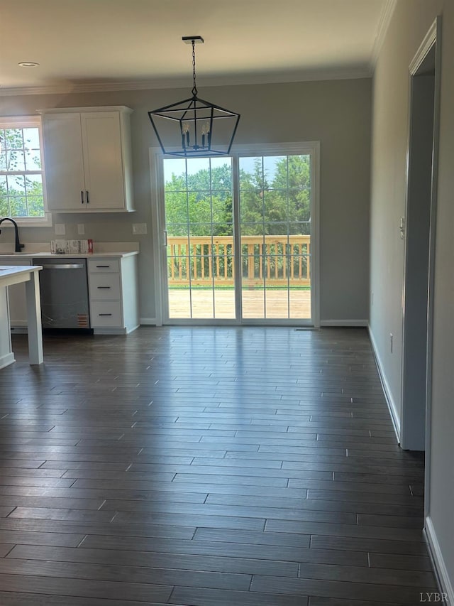 1493 Buck Creek Rd, Appomattox, VA 24522 - kitchen featuring stainless steel dishwasher, crown molding, white cabinets, light countertops, and a chandelier