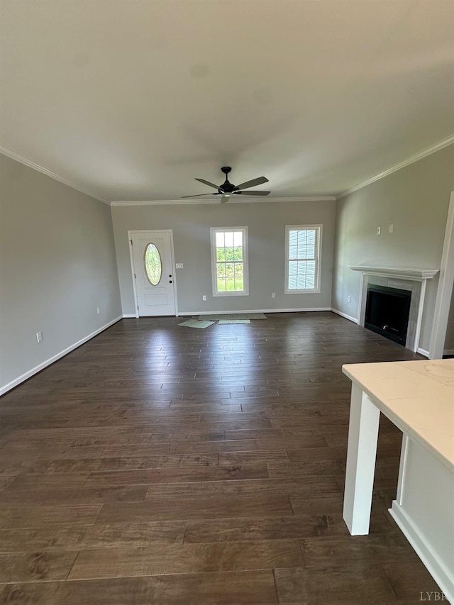 1493 Buck Creek Rd, Appomattox, VA 24522 - unfurnished living room featuring ornamental molding, ceiling fan, dark wood-type flooring, and a fireplace