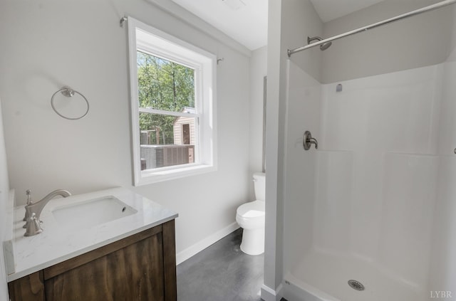 1132 Bancroft, Goode, VA 24556 - full bathroom with vanity, toilet, baseboards, finished concrete floors, and a stall shower