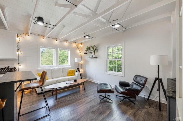 1132 Bancroft, Goode, VA 24556 - living room with beamed ceiling, baseboards, and dark wood-style floors