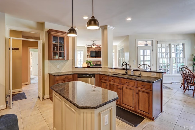 107 Emory Way, Amherst, VA 24521 - kitchen with a ceiling fan, dark stone countertops, a sink, and dishwasher
