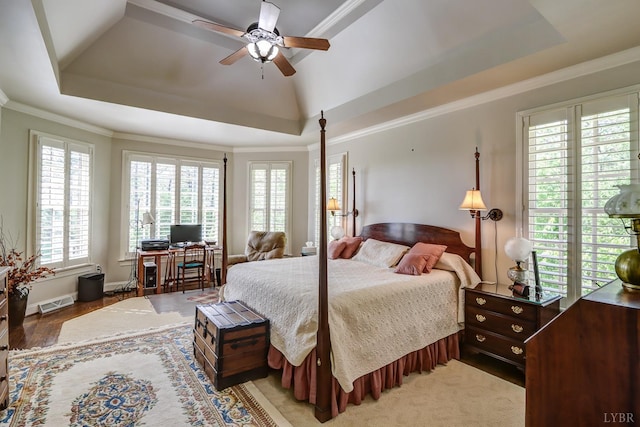 107 Emory Way, Amherst, VA 24521 - bedroom with crown molding, a raised ceiling, a ceiling fan, and visible vents