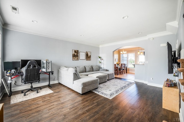 44 Sprouse Ln, Lynchburg, VA 24502 - living room with arched walkways, baseboards, dark wood-style floors, crown molding, and a desk