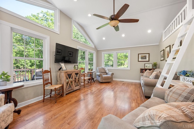 1206 Cedar Hill Dr, Lynchburg, VA 24502 - living room featuring light wood-style flooring, ceiling fan, high vaulted ceiling, and recessed lighting