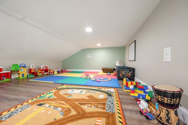 1206 Cedar Hill Dr, Lynchburg, VA 24502 - playroom featuring wood finished floors, lofted ceiling, and recessed lighting