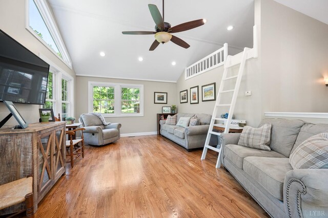 1206 Cedar Hill Dr, Lynchburg, VA 24502 - living area with light wood-style floors, ceiling fan, recessed lighting, and high vaulted ceiling