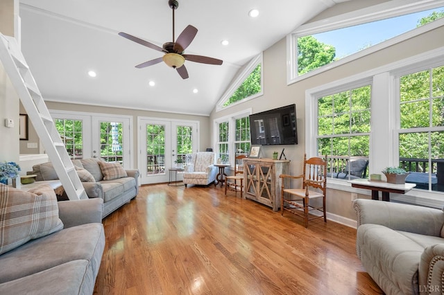 1206 Cedar Hill Dr, Lynchburg, VA 24502 - living room with french doors, high vaulted ceiling, wood finished floors, a ceiling fan, and recessed lighting