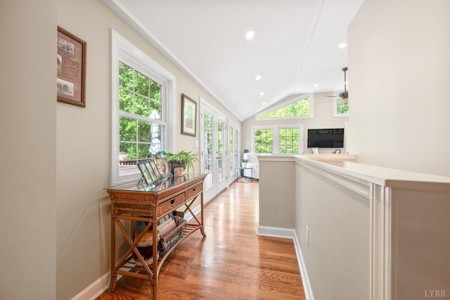 1206 Cedar Hill Dr, Lynchburg, VA 24502 - corridor featuring light wood-type flooring, lofted ceiling, french doors, and recessed lighting