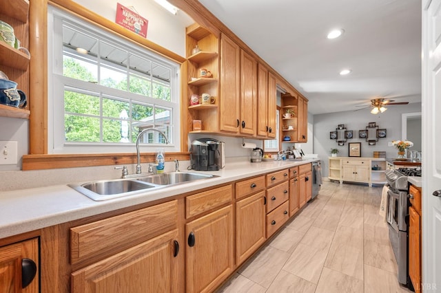1206 Cedar Hill Dr, Lynchburg, VA 24502 - kitchen featuring open shelves, appliances with stainless steel finishes, light countertops, recessed lighting, and a ceiling fan