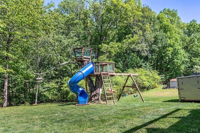 1206 Cedar Hill Dr, Lynchburg, VA 24502 - view of play area with a lawn and a storage shed