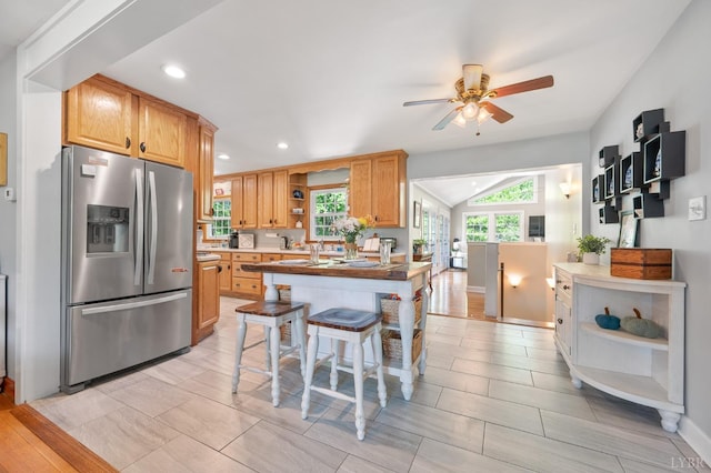 1206 Cedar Hill Dr, Lynchburg, VA 24502 - kitchen featuring stainless steel refrigerator with ice dispenser, open shelves, a ceiling fan, recessed lighting, and lofted ceiling