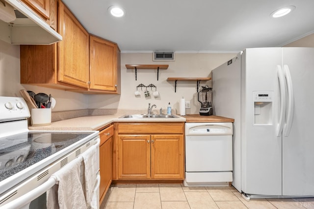 1206 Cedar Hill Dr, Lynchburg, VA 24502 - kitchen with white appliances, under cabinet range hood, open shelves, light tile patterned floors, and recessed lighting