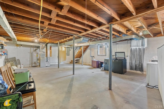 4600 Greenwood Dr, Lynchburg, VA 24502 - unfinished below grade area featuring gas water heater, heating unit, stairway, and independent washer and dryer