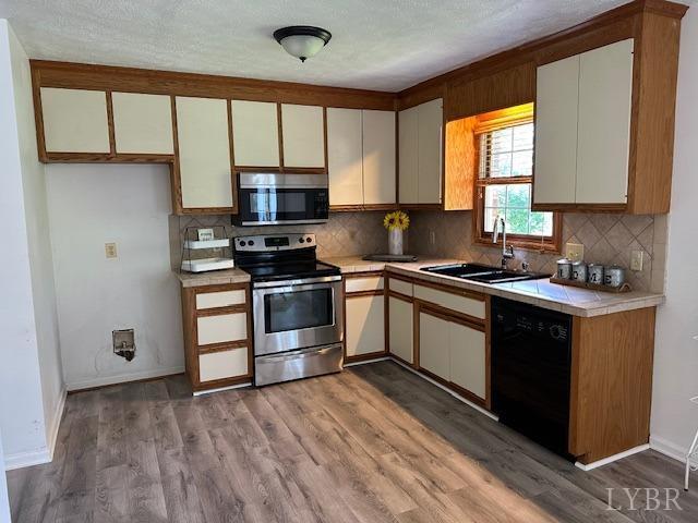 202 Rustwood Ct, Rustburg, VA 24588 - kitchen featuring a sink, light wood finished floors, stainless steel appliances, and tile countertops