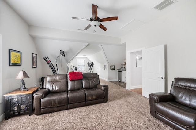 1205 Bradford Crossing Pl, Goode, VA 24556 - carpeted living area featuring a ceiling fan, baseboards, visible vents, and attic access