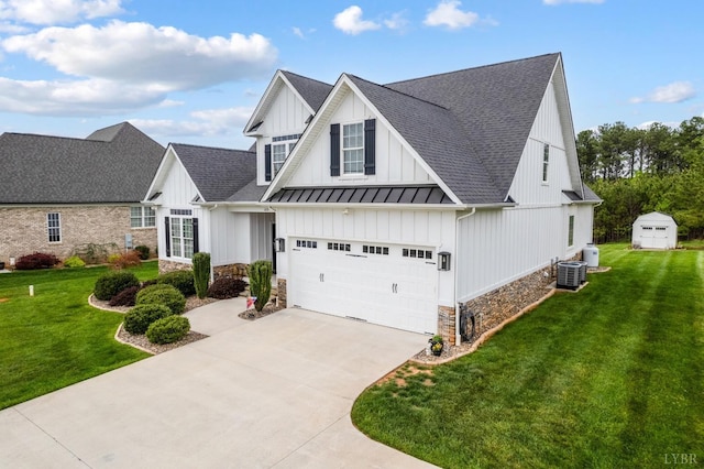 1205 Bradford Crossing Pl, Goode, VA 24556 - view of front facade featuring central air condition unit, a shingled roof, board and batten siding, concrete driveway, and a standing seam roof