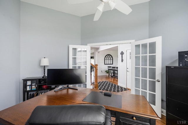 1205 Bradford Crossing Pl, Goode, VA 24556 - office space featuring french doors, a ceiling fan, and wood finished floors