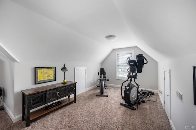 1205 Bradford Crossing Pl, Goode, VA 24556 - workout area with baseboards, visible vents, carpet flooring, and lofted ceiling