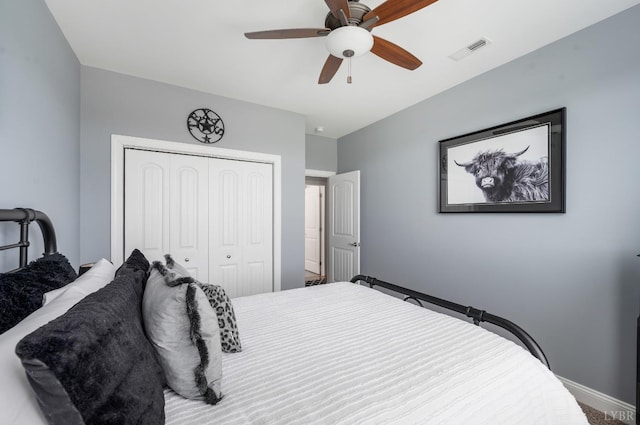 1205 Bradford Crossing Pl, Goode, VA 24556 - bedroom with baseboards, a ceiling fan, a closet, and visible vents