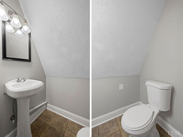 609 Jackson St, Lynchburg, VA 24504 - half bathroom with toilet, baseboards, a textured ceiling, vaulted ceiling, and tile patterned floors