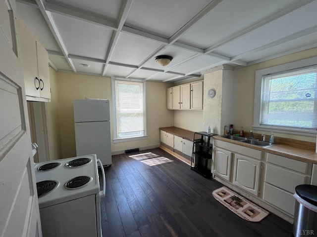 1603 Taylor St, Lynchburg, VA 24504 - kitchen featuring white appliances, coffered ceiling, dark wood finished floors, and white cabinetry
