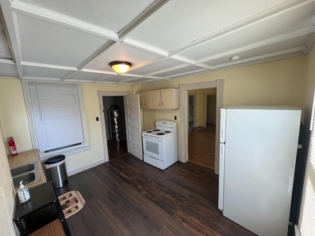 1603 Taylor St, Lynchburg, VA 24504 - kitchen featuring white appliances, coffered ceiling, dark wood-type flooring, light countertops, and a sink