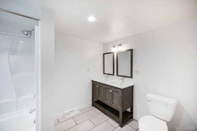 730 Stuart St, Lynchburg, VA 24501 - full bath with double vanity, toilet, baseboards, bathing tub / shower combination, and recessed lighting