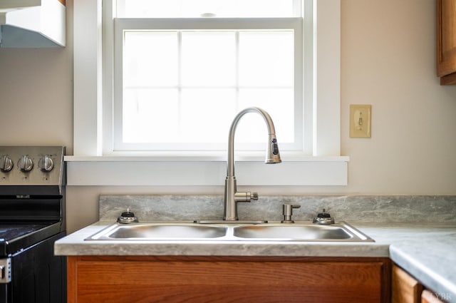730 Stuart St, Lynchburg, VA 24501 - kitchen with electric range, a sink, and brown cabinets