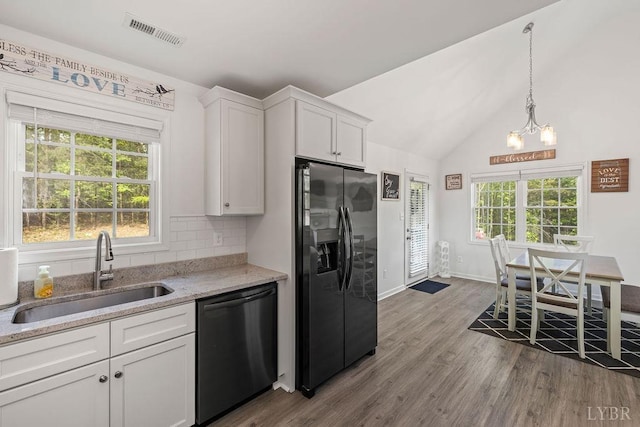 208 Samson Way, Madison Heights, VA 24572 - kitchen featuring black appliances, a sink, white cabinetry, a chandelier, and dark wood-type flooring