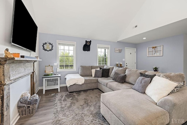 208 Samson Way, Madison Heights, VA 24572 - living room featuring wood finished floors, baseboards, vaulted ceiling, and a fireplace with flush hearth