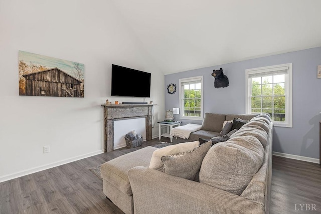 208 Samson Way, Madison Heights, VA 24572 - living area featuring wood finished floors, a fireplace with flush hearth, baseboards, and lofted ceiling