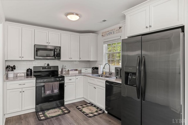 208 Samson Way, Madison Heights, VA 24572 - kitchen with black appliances, a sink, white cabinetry, and dark wood-type flooring