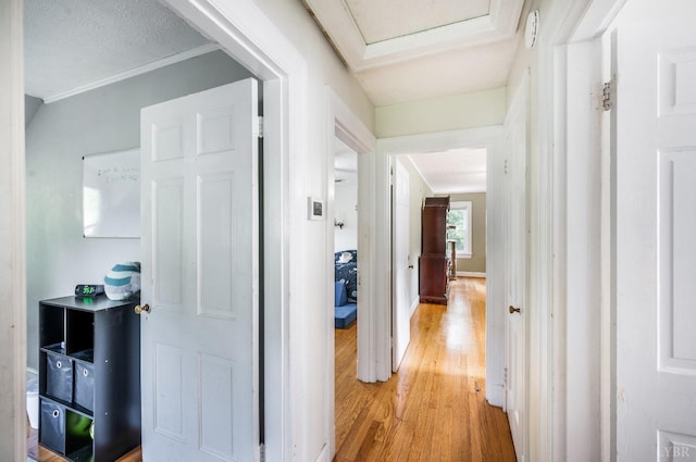 4205 Tremont, Lynchburg, VA 24502 - hall featuring light wood finished floors, crown molding, and attic access