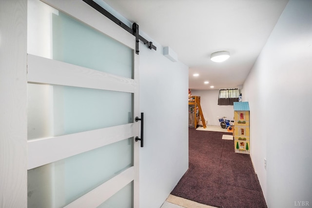4205 Tremont, Lynchburg, VA 24502 - hallway featuring carpet flooring, a barn door, and recessed lighting