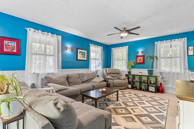 95 Rhage Ln, Lynchburg, VA 24504 - carpeted living area featuring a ceiling fan, a wainscoted wall, and a textured ceiling