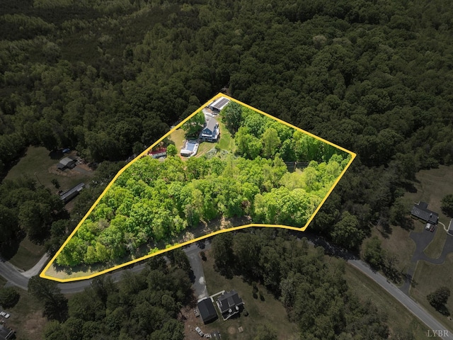 95 Rhage Ln, Lynchburg, VA 24504 - aerial view of property and surrounding area with a heavily wooded area and property boundaries highlighted