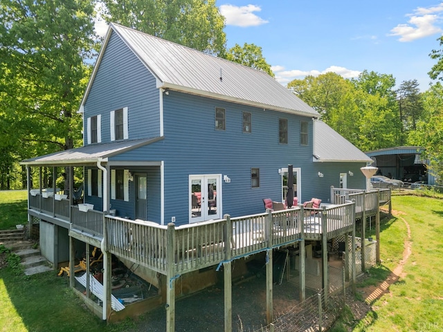 95 Rhage Ln, Lynchburg, VA 24504 - back of property with a deck, metal roof, a yard, and french doors