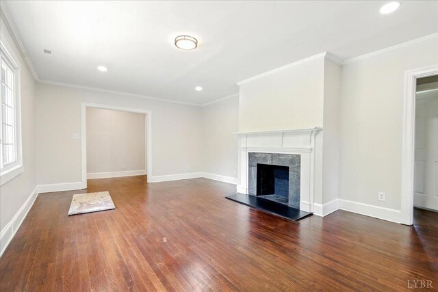 3882 Peakland Pl, Lynchburg, VA 24503 - unfurnished living room featuring wood finished floors, a high end fireplace, ornamental molding, baseboards, and recessed lighting