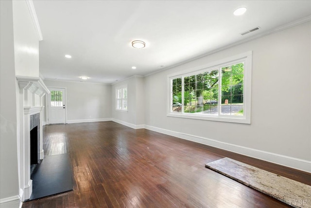 3882 Peakland Pl, Lynchburg, VA 24503 - unfurnished living room featuring crown molding, baseboards, dark wood-style flooring, a fireplace, and recessed lighting