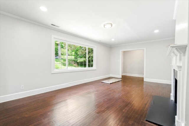 3882 Peakland Pl, Lynchburg, VA 24503 - unfurnished living room with ornamental molding, dark wood-type flooring, baseboards, a fireplace with flush hearth, and recessed lighting