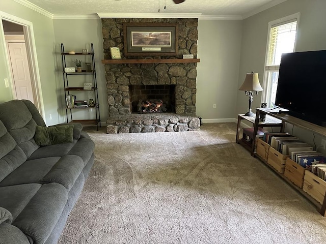 69 Gough Rd, Rustburg, VA 24588 - carpeted living area featuring ornamental molding, a stone fireplace, and baseboards