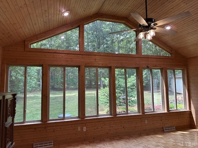 69 Gough Rd, Rustburg, VA 24588 - unfurnished sunroom featuring wood walls, wooden ceiling, and high vaulted ceiling