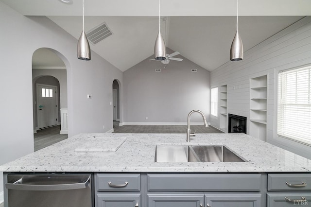 1051 Wills Way, Forest, VA 24551 - kitchen with open floor plan, a sink, gray cabinetry, dishwasher, and lofted ceiling