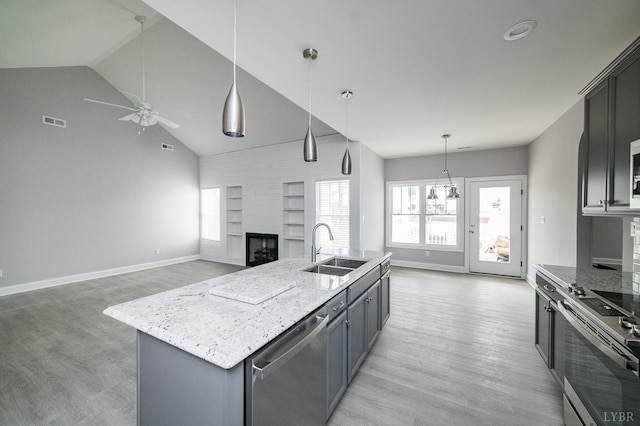 1051 Wills Way, Forest, VA 24551 - kitchen with stainless steel dishwasher, a sink, light wood-style floors, baseboards, and lofted ceiling