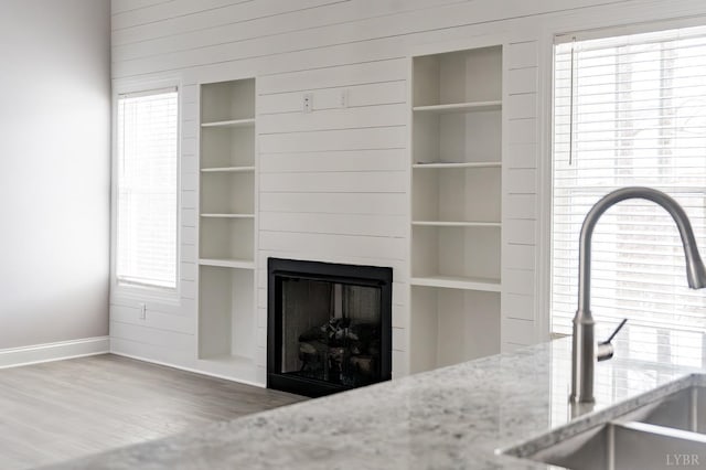 1051 Wills Way, Forest, VA 24551 - unfurnished living room featuring a sink, wood finished floors, baseboards, a fireplace, and plenty of natural light