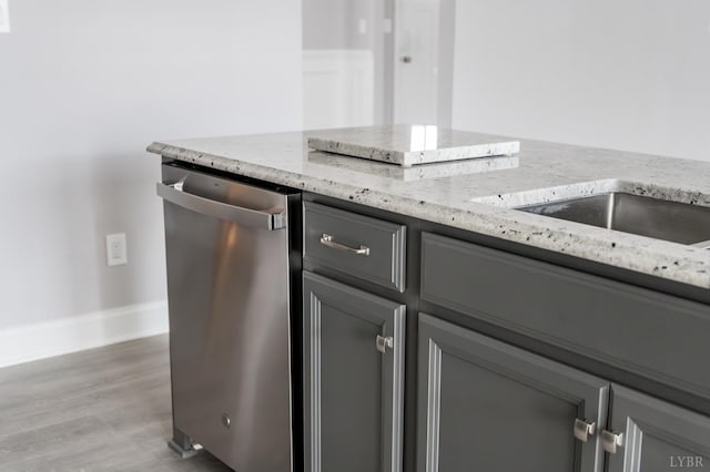 1051 Wills Way, Forest, VA 24551 - kitchen featuring dishwasher, gray cabinets, light stone counters, and baseboards