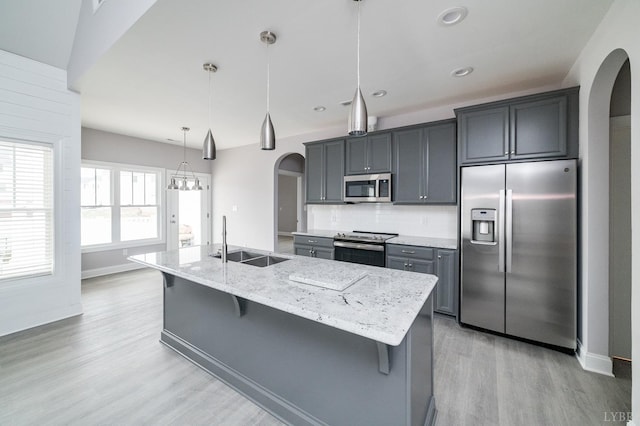 1051 Wills Way, Forest, VA 24551 - kitchen featuring appliances with stainless steel finishes, arched walkways, a sink, light wood-style floors, and recessed lighting