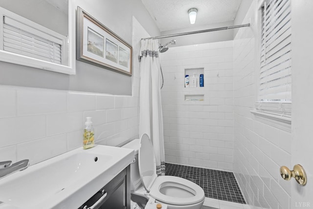 206 Simsbury Ln, Forest, VA 24551 - bathroom featuring toilet, a shower stall, tile walls, vanity, and a textured ceiling