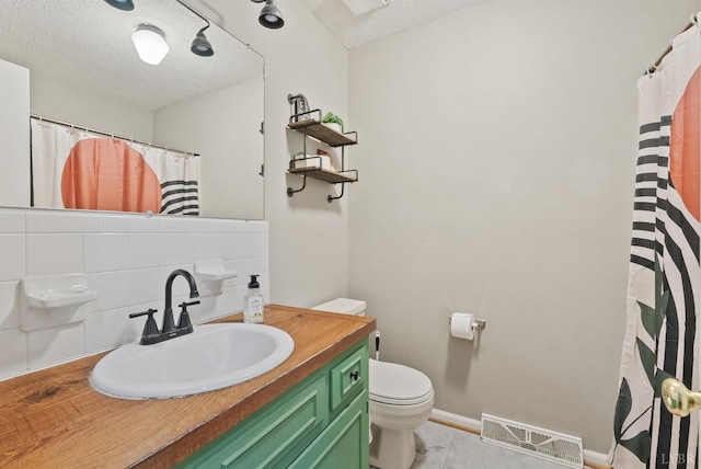 206 Simsbury Ln, Forest, VA 24551 - bathroom with a textured ceiling, toilet, vanity, tile patterned floors, and a shower with curtain