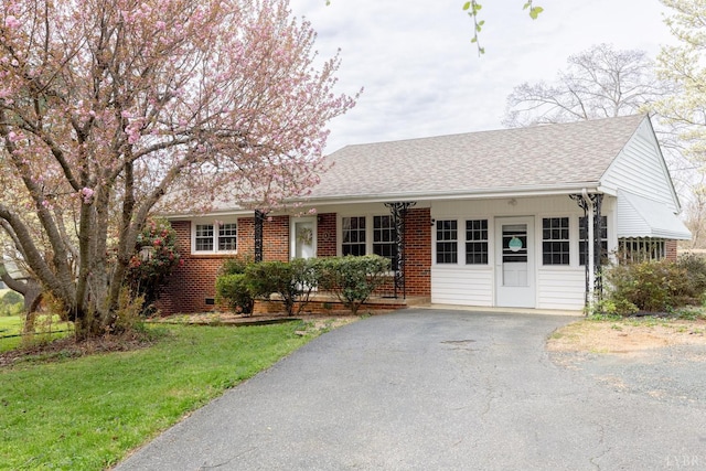 2637 Chilton Rd, Appomattox, VA 24522 - ranch-style home with asphalt driveway, a shingled roof, brick siding, and a front lawn
